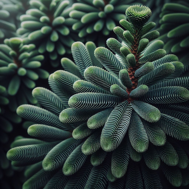 A close-up of a Norfolk Island Pine (Araucaria heterophylla) showcasing symmetrical, layered branches with soft, needle-like green leaves. The dense, vibrant foliage creates a textured, spiral pattern, giving the plant a lush and elegant appearance.