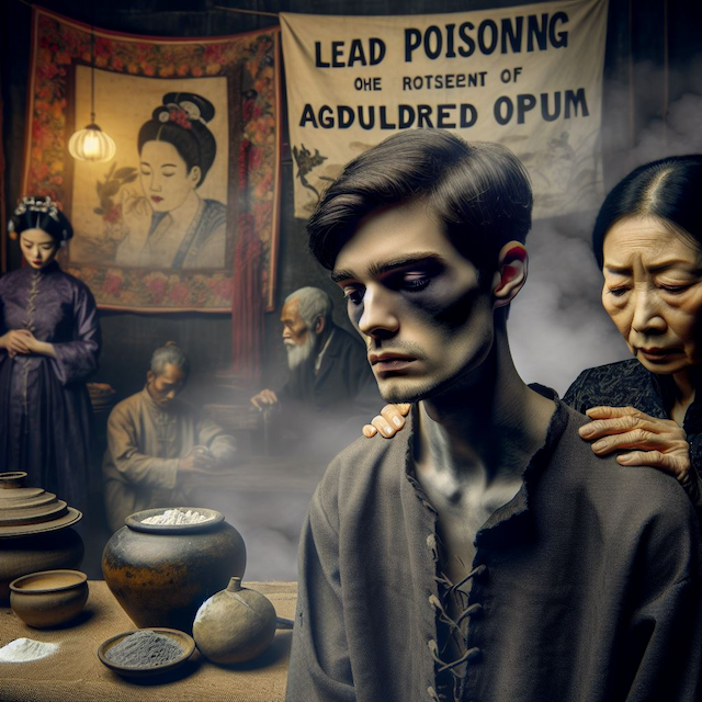 Victorian-era depiction of lead poisoning in an opium setting, featuring a pale and sickly man in the foreground, traditional jars of substances on a table, and concerned individuals in the background with a banner referencing 'Lead Poisoning' and opium in dim lighting
