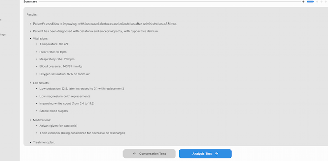 Screenshot of MedSpeech AI-generated clinical summary showing catatonia diagnosis, vital signs, lab abnormalities, and medication response to Ativan in a toxicology consultation