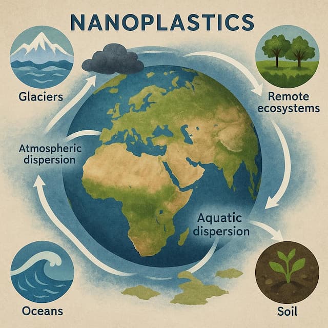 Global environmental spread of nanoplastics illustrated with deposition in glaciers, oceans, remote ecosystems, and soil, highlighting atmospheric and aquatic dispersion routes.