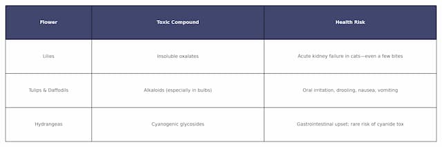 oxic flowers in Mother’s Day bouquets – table showing lilies, tulips, daffodils, and hydrangeas with associated toxins and health risks including kidney failure in cats, oral irritation, and potential cyanide toxicity.