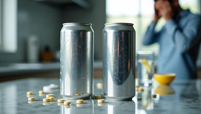 Worried about diet soda side effects? This image highlights aspartame concerns—showing unmarked soda cans, artificial sweetener tablets, and a person experiencing a headache. Explore the symptoms of aspartame sensitivity and what science says about diet drinks.