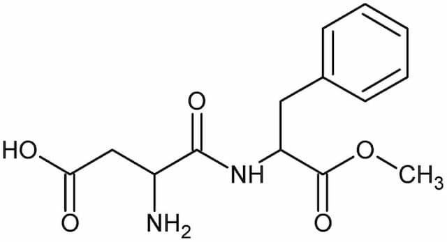 Chemical structure of aspartame molecule showing phenylalanine methyl ester and aspartic acid components used in diet sodas and artificial sweeteners.