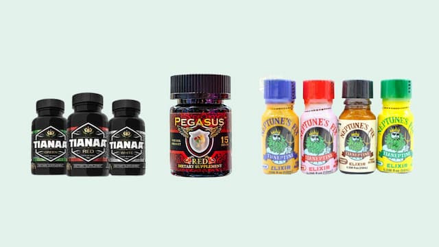 Popular tianeptine products including Tianna, Pegasus, and Neptune’s Fix—unregulated supplements linked to rising overdose and withdrawal cases in the U.S.