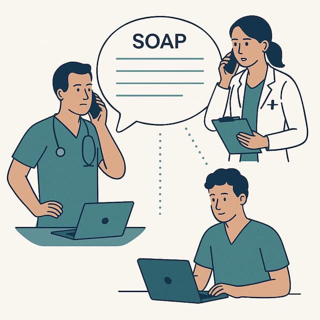 Illustration of three medical professionals collaborating during a poison consultation, representing the use of MedSpeech AI to streamline documentation in emergency and toxicology settings