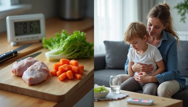 Food poisoning risk in children shown through raw chicken, carrots, and leafy greens on a cutting board near a food thermometer, paired with image of a mother comforting a sick child with stomach pain—highlighting symptoms and causes of pediatric foodborne illness