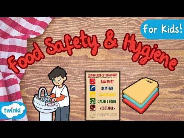 Educational food safety and hygiene poster for kids featuring a cartoon child washing hands, color-coded cutting board guide for raw meat, cooked meat, fish, vegetables, and fruits—promoting kitchen hygiene and cross-contamination prevention.