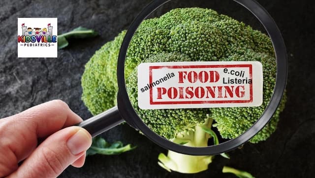 Close-up of fresh broccoli under a magnifying glass with ‘Food Poisoning’ label highlighting contamination risks from Salmonella, E. coli, and Listeria—representing invisible dangers in raw produce.
