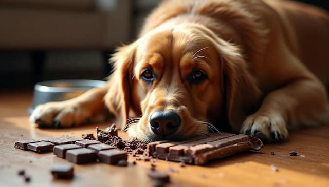 Golden retriever lying on the floor next to broken pieces of chocolate, looking unwell and lethargic, highlighting the danger of chocolate poisoning in dogs.