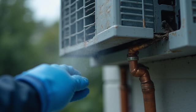 Technician inspecting outdoor AC unit for Freon leak, illustrating risks of refrigerant exposure and importance of early detection in HVAC systems