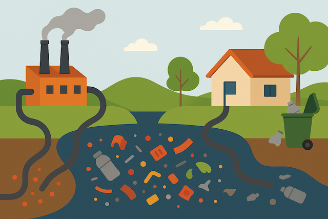 Illustration of PFAS and microplastic pollution entering water from factory waste and household runoff