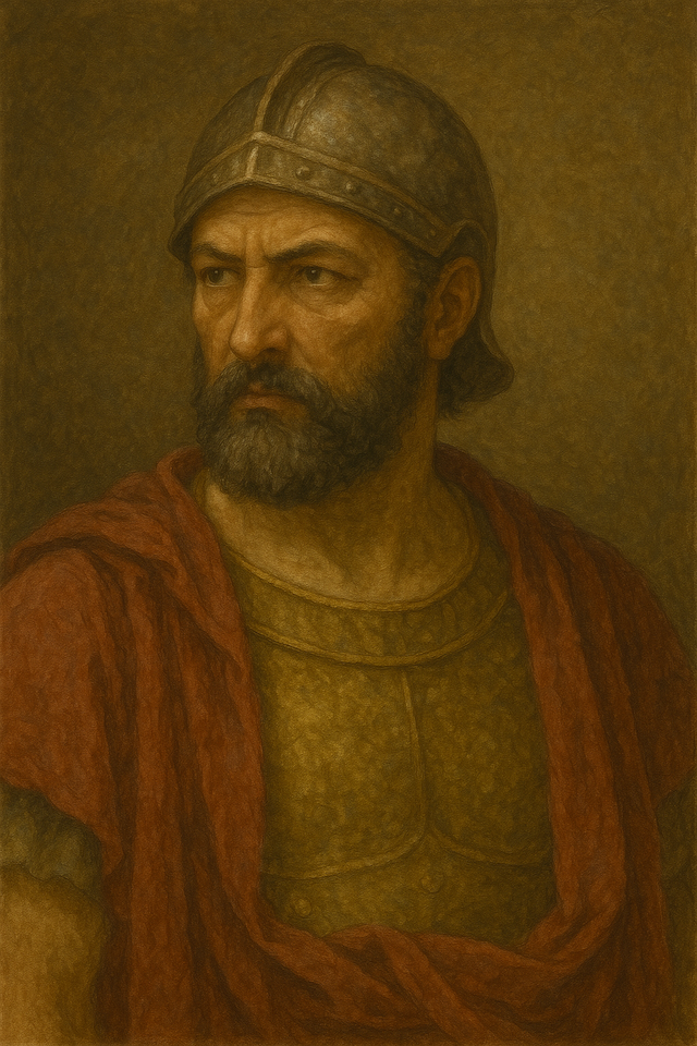 Oil painting of Hannibal Barca, legendary Carthaginian general, who died by confirmed suicide using poison in 183 BCE.
