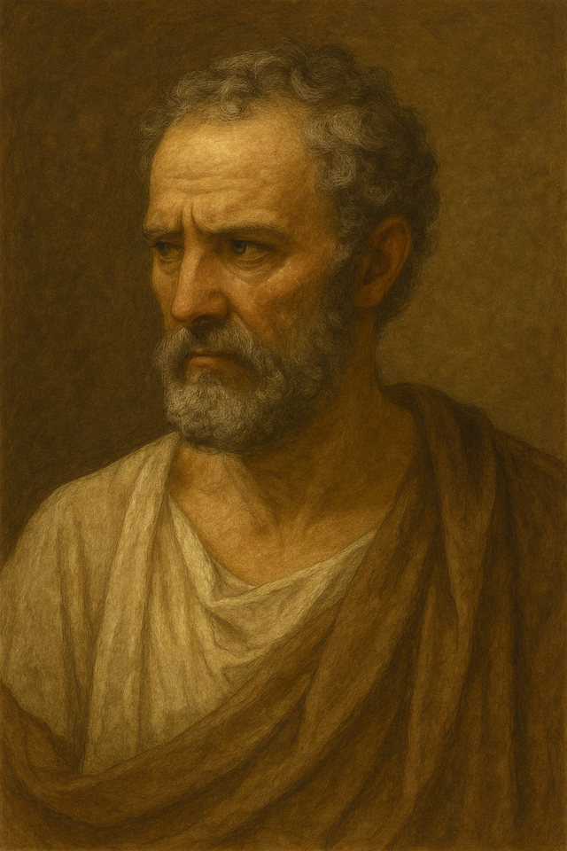 Realistic oil painting of Demosthenes, the ancient Greek orator, who died by confirmed self-poisoning in 322 BCE
