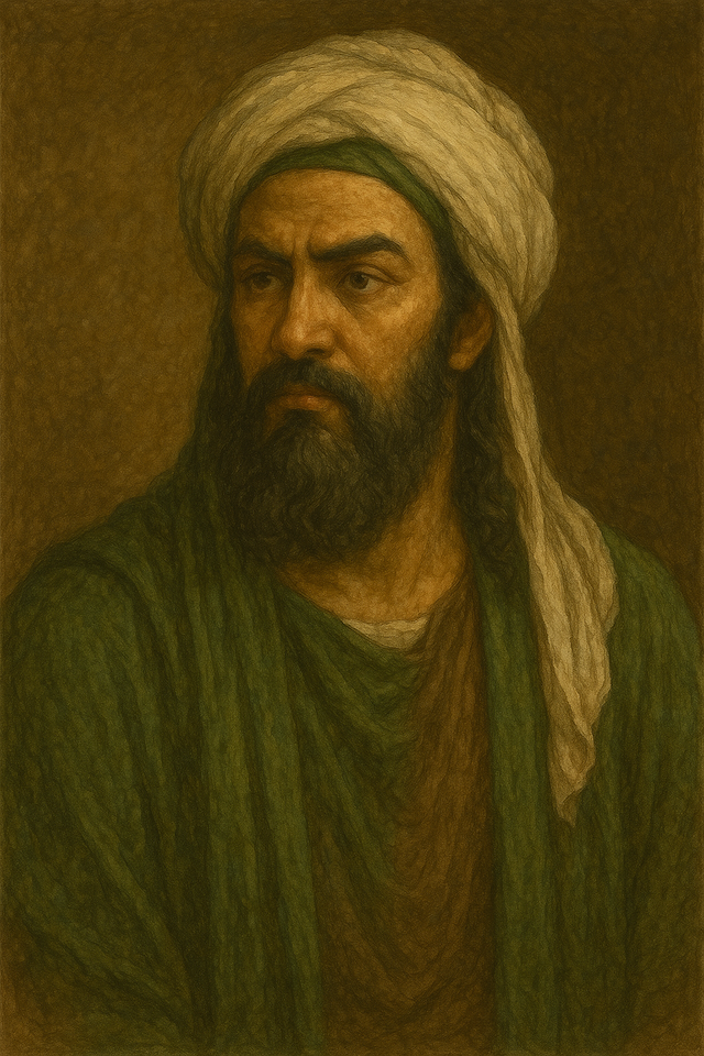 Oil painting of Ali ibn Abi Talib, cousin and son-in-law of Prophet Muhammad, revered for his wisdom and martyrdom by assassination.