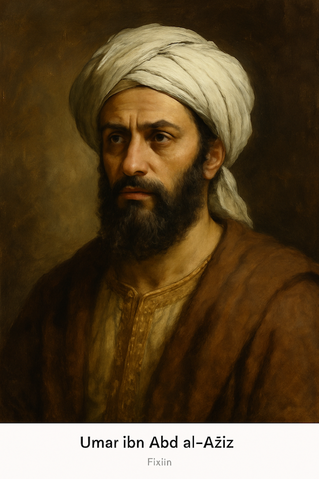 Oil painting of Umar ibn Abd al-Aziz, the eighth Umayyad Caliph known for justice and piety, believed to have died by confirmed poisoning in 720 CE.
