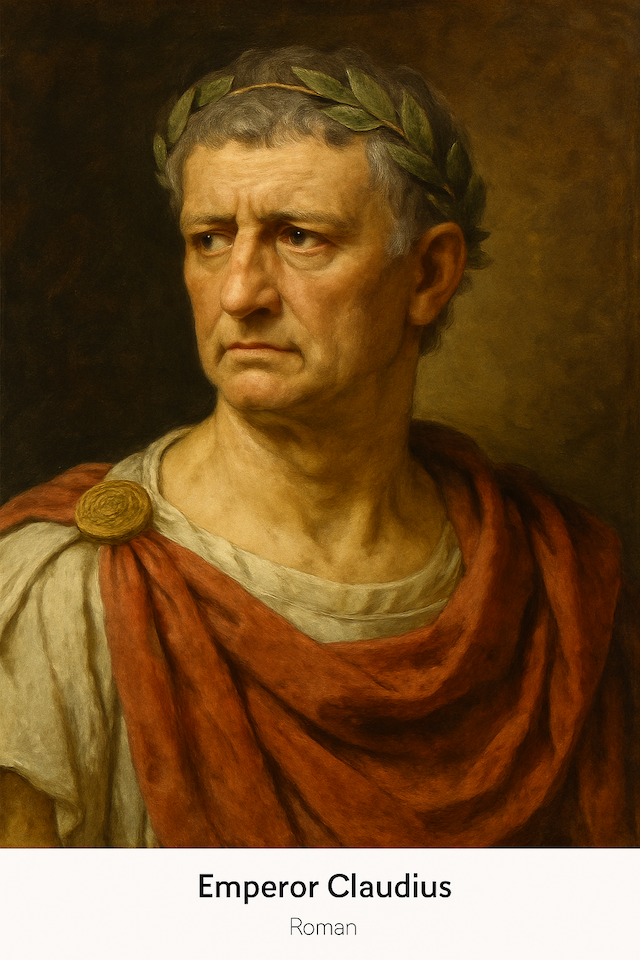 Oil painting of Roman Emperor Claudius, who ruled from 41 to 54 CE and is believed to have died by confirmed poisoning, possibly orchestrated by Agrippina.