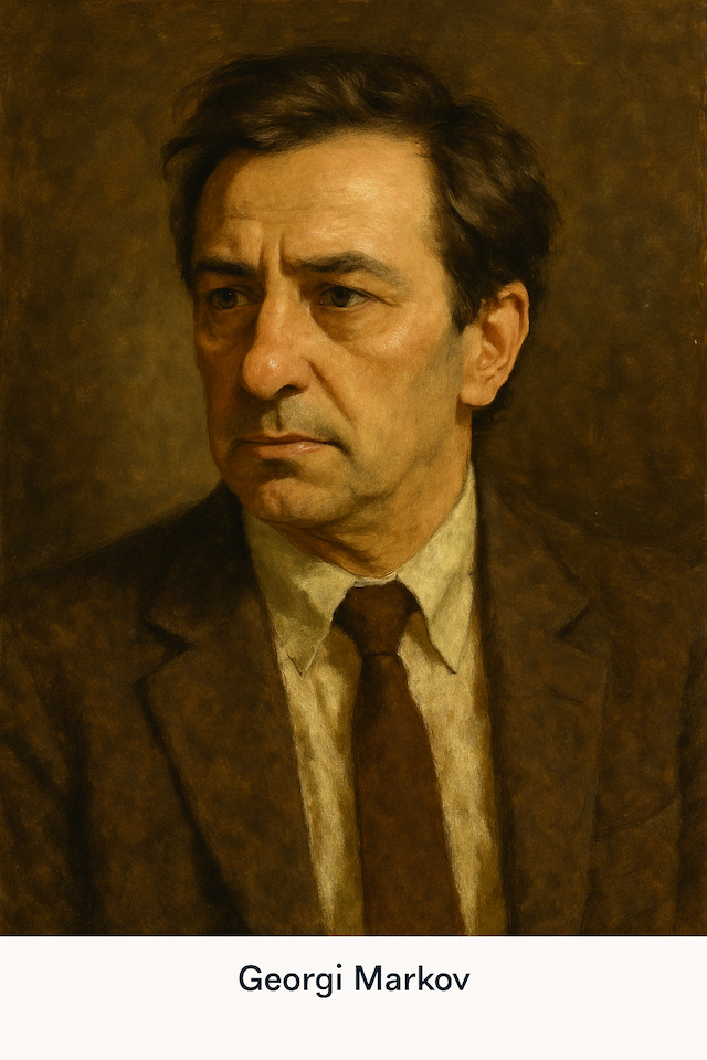 Oil painting of Georgi Markov, Bulgarian dissident and journalist, who was assassinated in London in 1978 using a ricin-tipped umbrella.