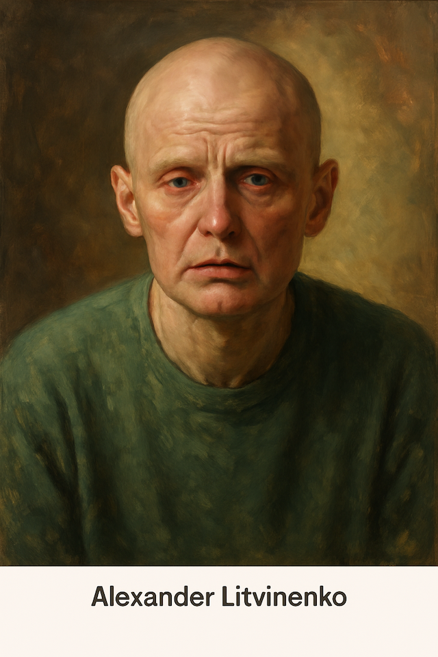 Oil painting of Alexander Litvinenko, former Russian spy who died in 2006 in London from confirmed polonium-210 radioactive poisoning.