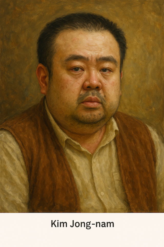 Oil painting of Kim Jong-nam, the estranged half-brother of North Korean leader Kim Jong-un, who died in 2017 from confirmed VX nerve agent poisoning in Malaysia.