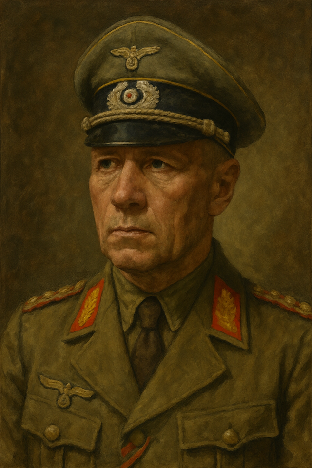 Oil painting of Erwin Rommel, German Field Marshal of World War II, who died by forced suicide with poison in 1944 after being implicated in a plot against Hitler.