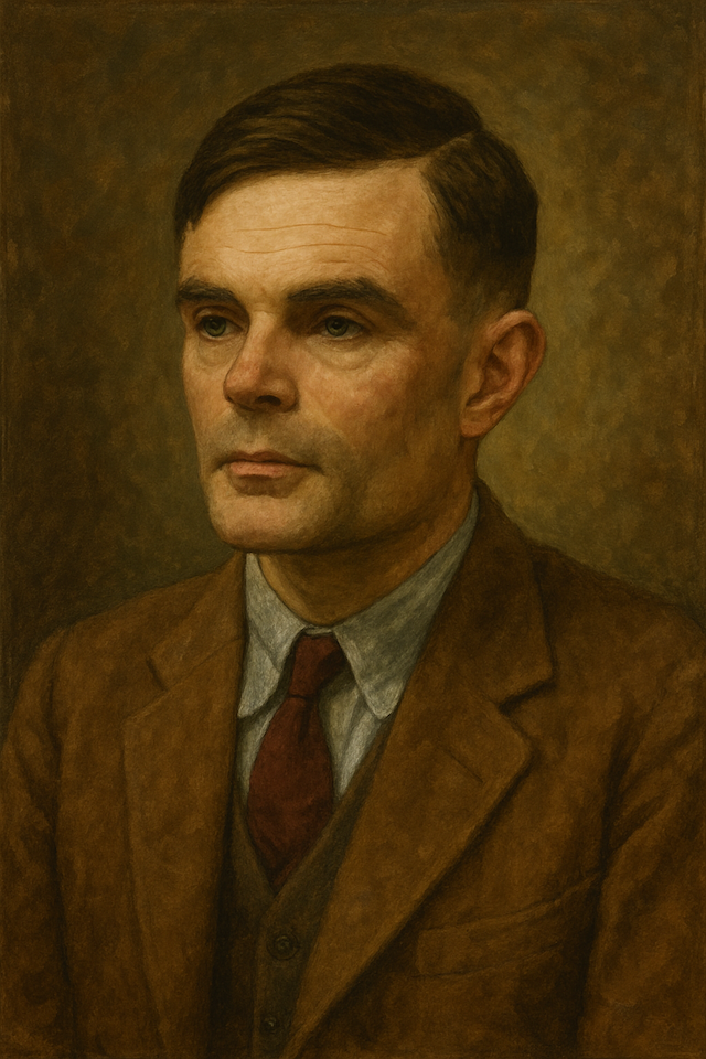 Oil painting of Alan Turing, British mathematician and codebreaker, who died in 1954, by confirmed cyanide poisoning under disputed circumstances.
