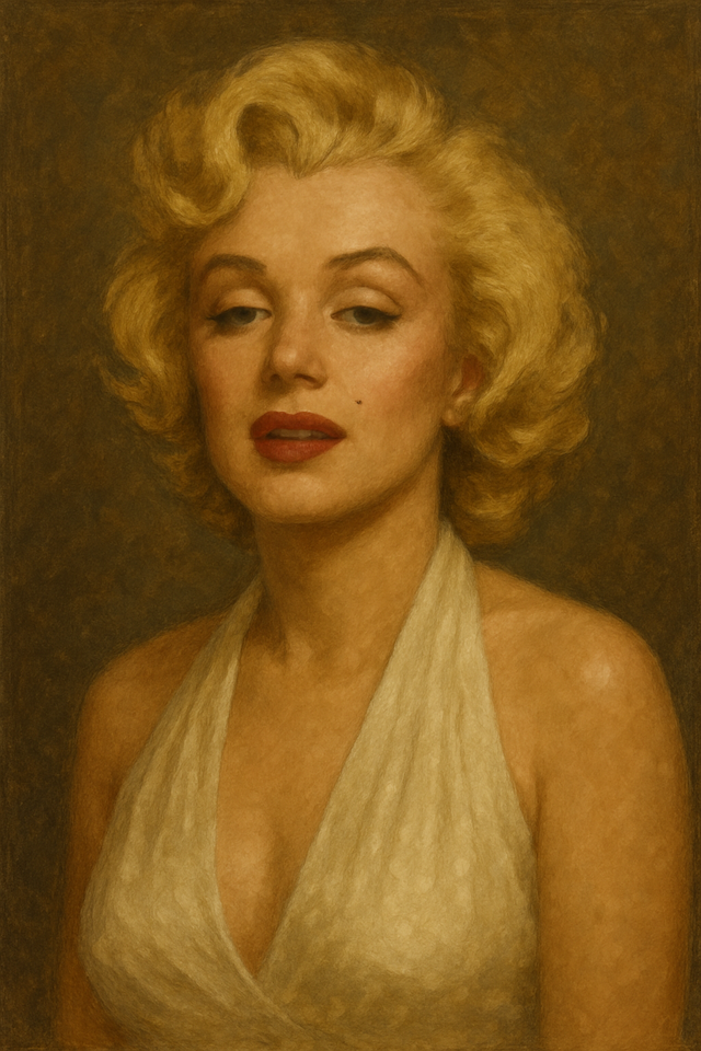 Oil painting of Marilyn Monroe, an iconic American actress and model, who died in 1962 from a confirmed barbiturate overdose under controversial circumstances.