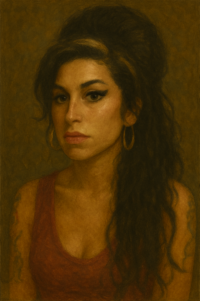 Oil painting of Amy Winehouse, British singer-songwriter known for her soulful voice, who died in 2011 from confirmed alcohol poisoning.