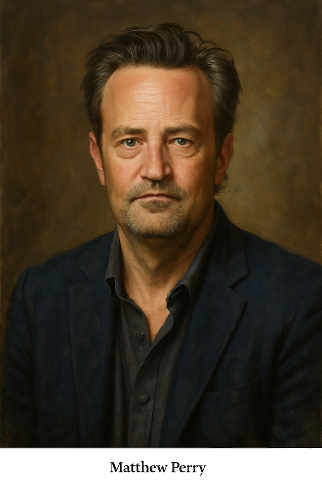 Oil painting of Matthew Perry, American actor best known for playing Chandler Bing on Friends, who died in 2023 from acute ketamine and buprenorphine poisoning.