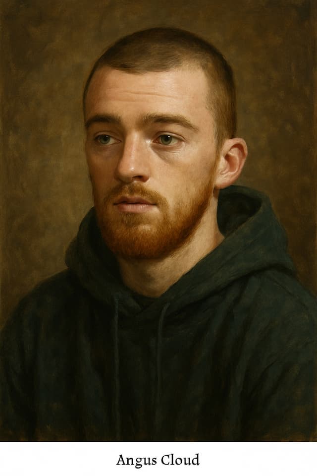 Oil painting portrait of Angus Cloud wearing a dark hoodie, rendered in a realistic classical style with a soft brown background.