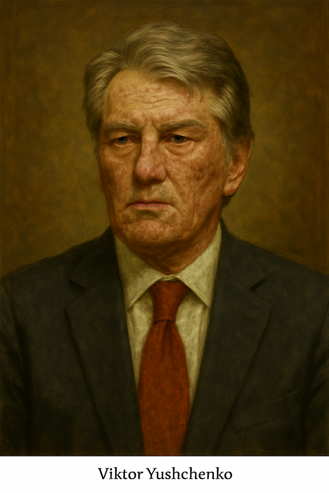 Traditional oil painting portrait of Victor Yushchenko, Ukrainian politician known for surviving dioxin poisoning—featured in a blog about famous people who were poisoned.