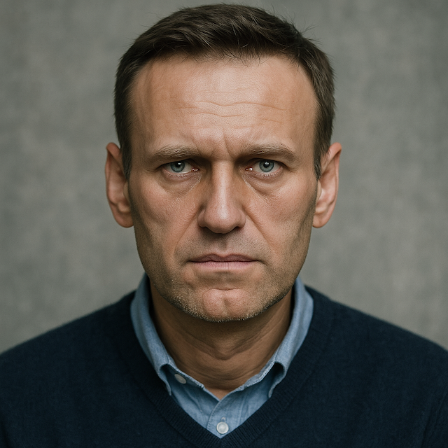 Close-up portrait of Alexei Navalny, Russian opposition leader and poisoning survivor, wearing a dark sweater against a neutral background.
