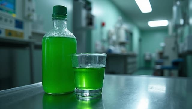 Bright green antifreeze liquid in a glass and bottle on a metal table in a hospital setting, highlighting the dangers of ethylene glycol poisoning and the urgent need for medical treatment