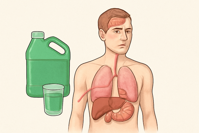  Medical illustration of antifreeze poisoning showing a green container and glass of ethylene glycol next to a human body with highlighted brain, lungs, liver, and kidneys, visually indicating affected organs without any text labels.