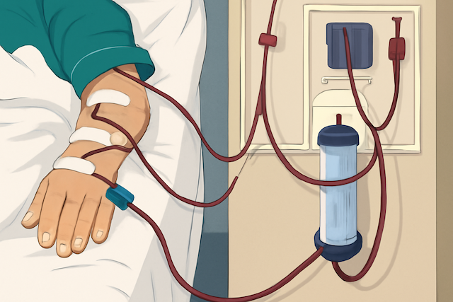 Illustration of emergency hemodialysis showing a patient’s arm connected to a dialysis machine via blood tubing and catheter needles, representing life-saving treatment for toxic alcohol poisoning such as ethylene glycol or methanol overdose.