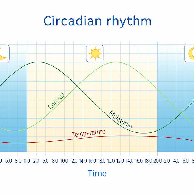 Graph illustrating circadian rhythm over a 24-hour cycle, showing the fluctuating levels of cortisol, melatonin, and body temperature. Cortisol peaks in the early morning around 6–8 AM and declines throughout the day. Melatonin levels are low during daylight and begin to rise after sunset, peaking during the night. Body temperature gradually increases during the day and decreases at night. The graph uses icons for night and day to visually distinguish light and dark periods, emphasizing the natural biological timing of hormone release and physiological regulation