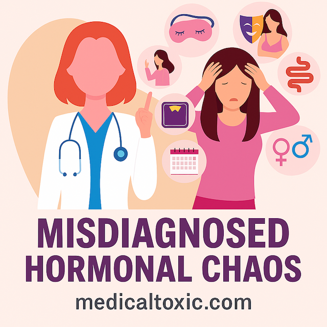 Illustration of a female doctor and a distressed woman surrounded by menopause symptoms like insomnia, mood swings, weight gain, and hormonal imbalance, with bold text 'Misdiagnosed Hormonal Chaos' and website medicaltoxic.com—highlighting the overlooked signs of cortisol poisoning during menopause