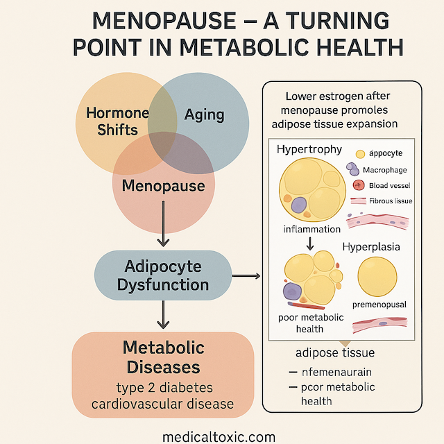 Educational infographic titled “Menopause – A Turning Point in Metabolic Health.” The image features three overlapping circles labeled “Hormone Shifts,” “Aging,” and “Lifestyle Changes,” all intersecting at the central concept of “Menopause.” An arrow from “Menopause” leads to “Adipocyte Dysfunction,” which further points to “Metabolic Diseases” such as type 2 diabetes and cardiovascular disease. A scientific inset diagram illustrates how lower estrogen levels after menopause contribute to adipose tissue expansion. It contrasts hypertrophy—enlarged fat cells associated with inflammation and poor metabolic health—with hyperplasia, which involves smaller, more numerous fat cells in estrogen-rich premenopausal conditions. Cellular elements like adipocytes, macrophages, blood vessels, and fibrous tissue are depicted. The visual highlights the link between menopausal hormone shifts and metabolic dysfunction. The website medicaltoxic.com is noted beneath the graphic.