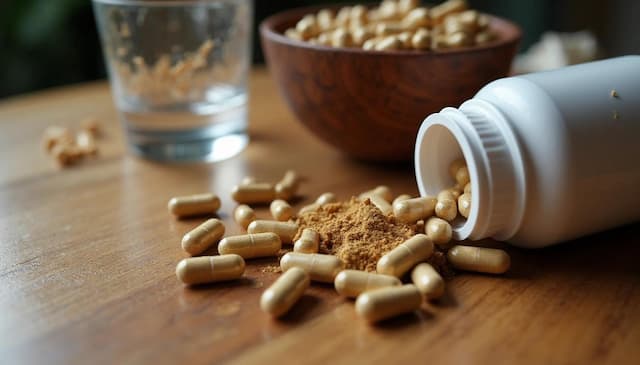 Spilled ashwagandha capsules and powder on wooden table, next to supplement bottle and glass of water, illustrating potential overdose risks and herbal supplement safety.