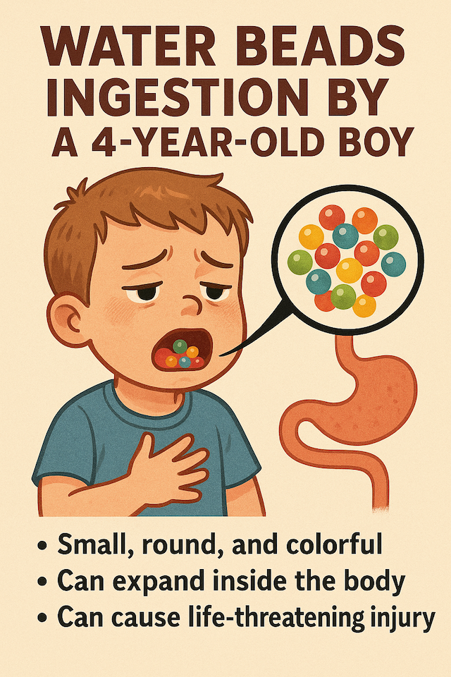 Illustration of a 4-year-old boy who ingested water beads, showing colorful beads in his mouth and stomach, with warning text about the dangers of water bead ingestion in children