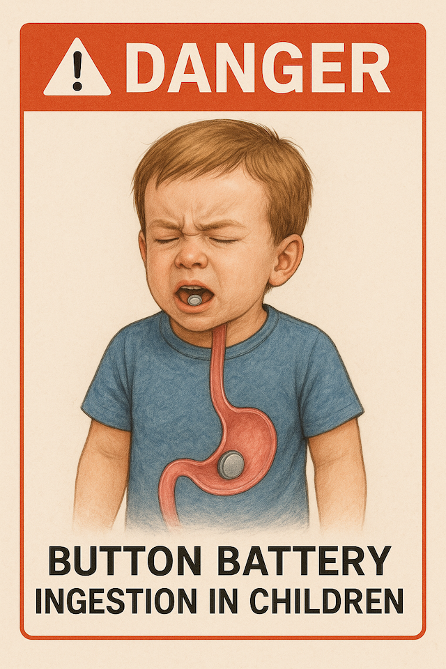 Medical illustration of a child who ingested a button battery, showing the battery lodged in the esophagus and stomach with a danger warning sign, highlighting the life-threatening risks of button battery ingestion in children.