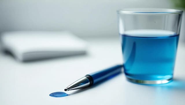 Spilled blue ink from a ballpoint pen next to a glass of blue liquid on a white desk with notepad in background
