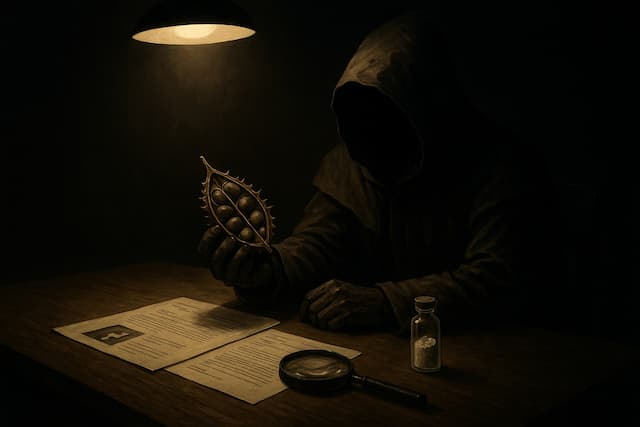 Hooded figure in a dimly lit interrogation room holding an open castor bean pod, with documents, a magnifying glass, and a vial of ricin powder on the table, symbolizing the deadly toxin’s criminal history and natural origin.