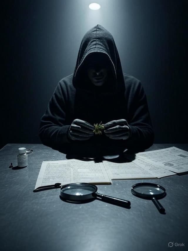 Hooded figure in a dark interrogation room examining a castor bean pod, with magnifying glasses, documents, and a vial on the table, symbolizing the deadly toxin ricin and forensic investigation.