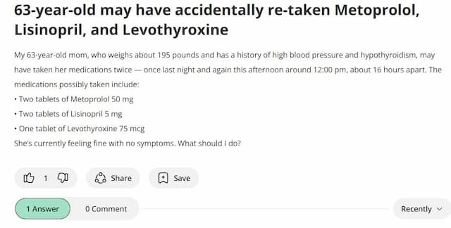 Medical Toxicology Community free Q&A forum featuring case discussions such as a 63-year-old woman who may have re-taken metoprolol, lisinopril, and levothyroxine within 16 hours, providing guideline-based toxicology education on overdose risks, symptoms, and safe management strategies