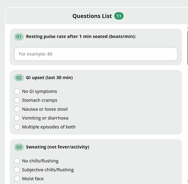 Screenshot of ToxiCOWS, an online Clinical Opiate Withdrawal Scale (COWS) scoring tool. The interface shows part of the 11-item questionnaire used to assess opioid withdrawal severity, including resting pulse rate after 1 minute seated, gastrointestinal upset in the last 30 minutes, and sweating unrelated to fever or activity. Options include no symptoms, stomach cramps, nausea, vomiting, diarrhea, and subjective chills or flushing. ToxiCOWS guides clinicians in scoring withdrawal and determining buprenorphine readiness.