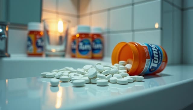 Spilled Tums antacid tablets on a bathroom counter with pill bottles in the background, highlighting calcium carbonate overdose risks, heartburn self-medication, and dangers of exceeding daily dosage limits
