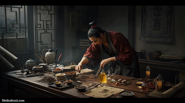 Ancient Chinese apothecary preparing herbal medicine and early toxic compounds