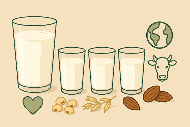 Illustration of cow’s milk, soy milk, oat milk and almond milk with heart, earth and cow icons, highlighting health and environmental impact of dairy vs plant-based milk.