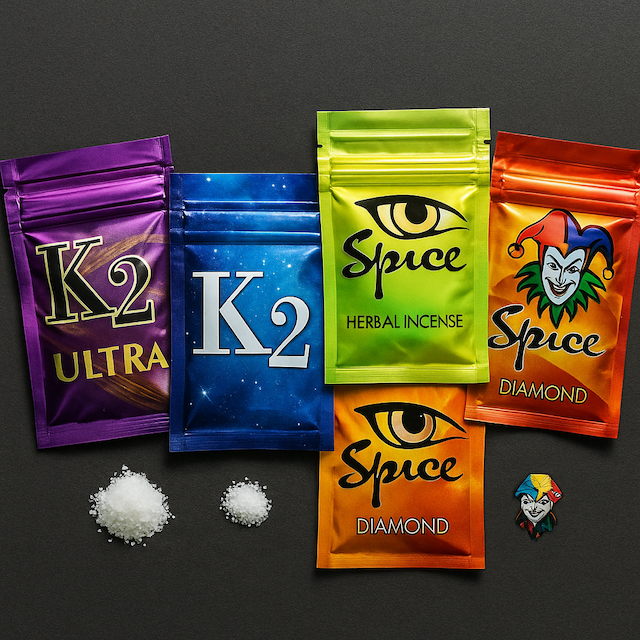 Colorful foil packets of synthetic cannabinoids branded as K2 and Spice, marketed as 'herbal incense' but containing potent, unregulated synthetic marijuana products that target youth with flashy packaging