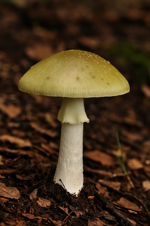 Death cap mushroom (Amanita phalloides) with greenish cap and white gills growing on forest floor, a highly toxic species responsible for most fatal mushroom poisonings and often misidentified as an edible mushroom